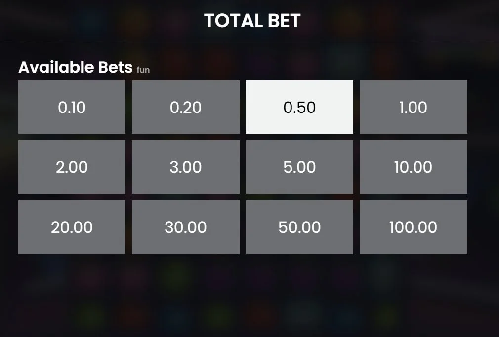 Jammin Jars 2 bet selection panel showing stakes from 0.10 to 100.00