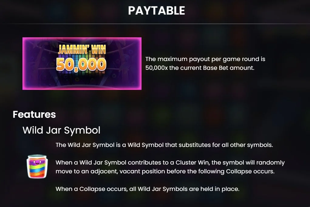 Jammin Jars 2 info panel confirming 50000x max payout and Wild Jar feature rules